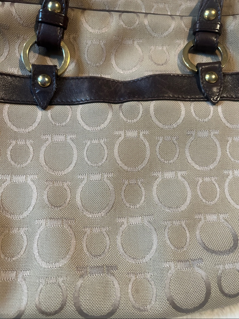 Salvatore Ferragamo Beige Signature Monogram Shoulder Bag with Dark Brown Trim